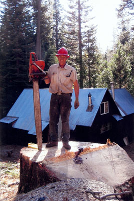 Worker on stump with saw